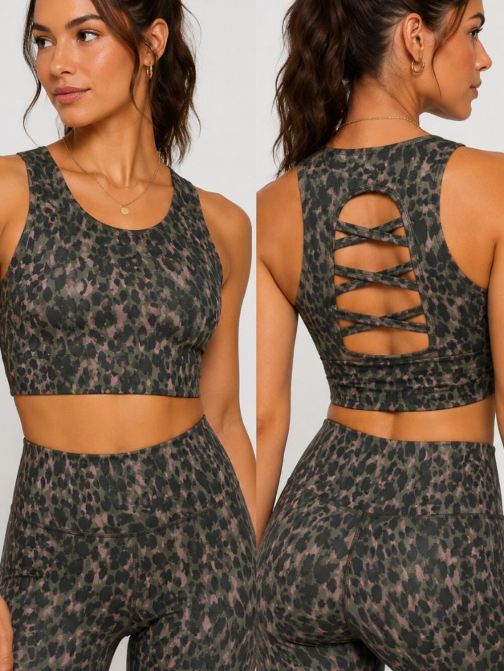 Good American Ferocious Crop Top Womens 2 Olive Animal Print Criss Cross Back